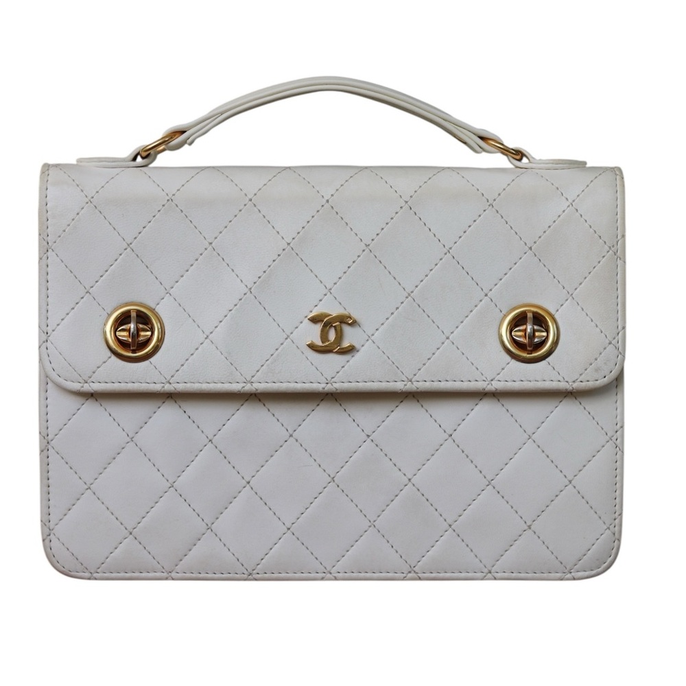 CHANEL Ultra Rare Vintage Double Turnlock Briefcase Quilted Lambskin Small White